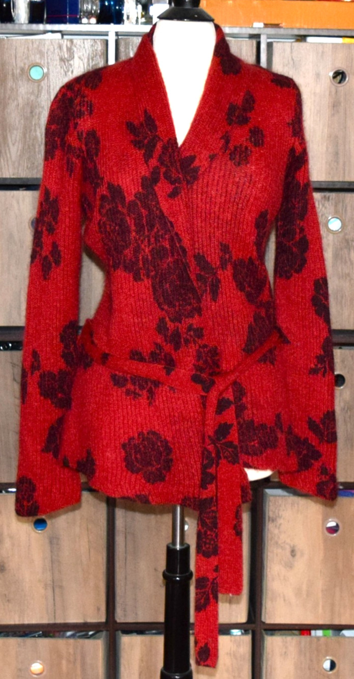 Lucky Brand Mohair Cardigan Sweater Size L Red Black Roses Open Front Vintage